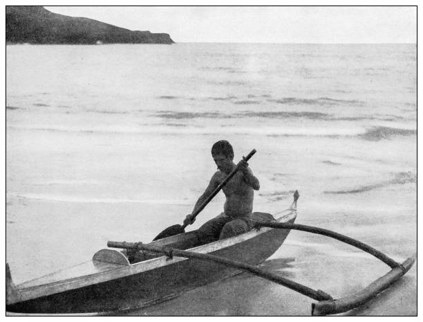 istock Antique black and white photograph: Canoeman near Diamond Head, Hawaii 1330244754