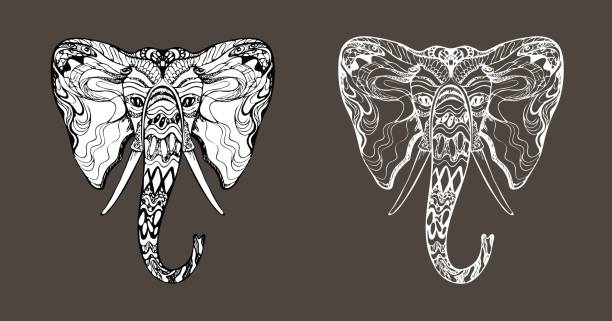 Stylish fancy tattoo hippie ornate elephant head, Ganesh face, unique hand drawn ethnic black outline, elegant contour, silhouette filled with white, animal safari design, prints"n Stylish fancy tattoo hippie ornate elephant head, Ganesh face, unique hand drawn ethnic black outline, elegant contour, silhouette filled with white, animal safari design, prints, coloring ganesha outline drawing stock illustrations