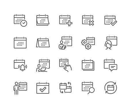 Simple Set of Calendar Related Vector Line Icons. 
Contains such Icons as Appointment, Date Settings, Working Schedule and more. Editable Stroke. 48x48 Pixel Perfect.