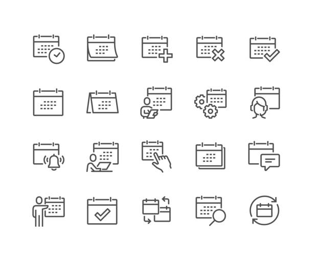 Line Calendar Icons Simple Set of Calendar Related Vector Line Icons. 
Contains such Icons as Appointment, Date Settings, Working Schedule and more. Editable Stroke. 48x48 Pixel Perfect. annual event stock illustrations