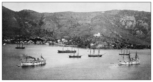 istock Antique black and white photograph: Harbor of St Thomas and Bluebeard's Castle 1330246128