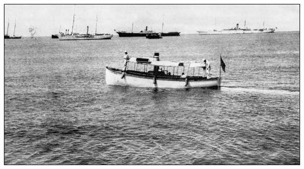 istock Antique black and white photograph: Quarantine boat, coast of Ponce 1330247764