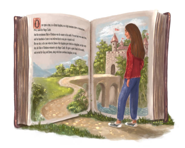 ilustrações de stock, clip art, desenhos animados e ícones de the magical world of books. a girl who walks into a fictional literary world. big book with a portal. - literary artist