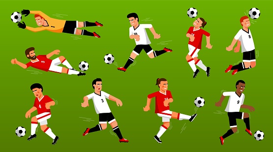 Set of playing soccer players with the ball. Cartoon football players on the field. Vector illustration.