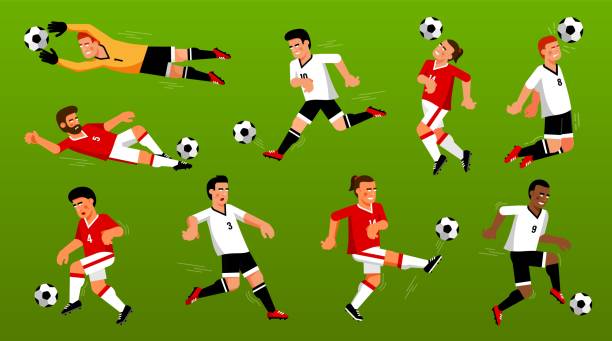 Set of playing soccer players with the ball Set of playing soccer players with the ball. Cartoon football players on the field. Vector illustration. soccer soccer player goalie playing stock illustrations