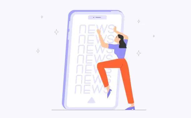 Vector illustration of Trendly flat vector illustration with stressed and overwhelmed female character reading bad breaking news on smartphone.