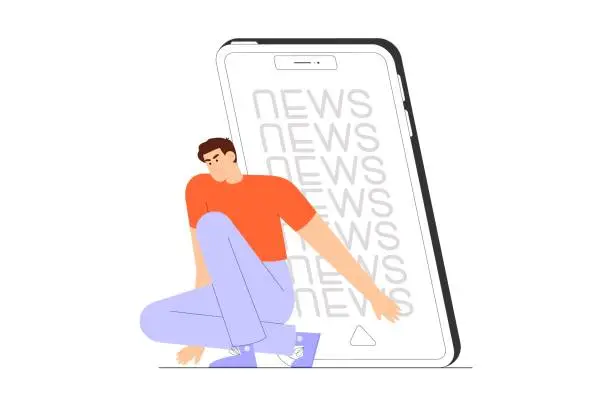 Vector illustration of Trendly flat vector illustration with stressed and overwhelmed male character reading bad breaking news on smartphone.