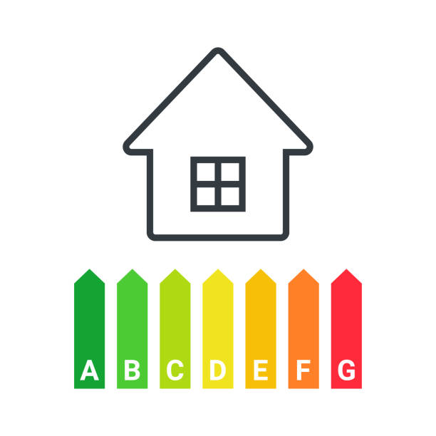 ilustrações, clipart, desenhos animados e ícones de eficiência energética. casa eficiente em energia com gráfico de classificação. símbolo da casa verde com classificação de energia. ilustração vetorial - rating bar graph finance business