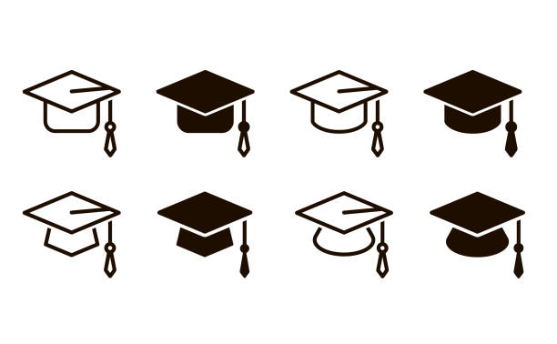 illustrazioni stock, clip art, cartoni animati e icone di tendenza di vettore icona cappuccio di graduazione, icona linea mortarboard, icona nera della bacheca di malta. illustrazione di repertorio - graduation gown