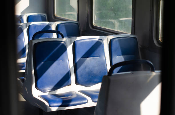 Railway carriage. Public transport seating. Underground carriage.