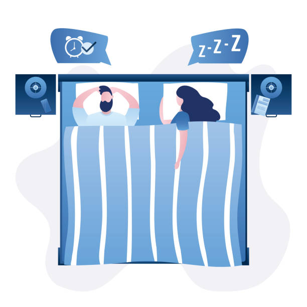Love couple lying in bed. Caucasian woman and man sleeping, top view. People covered with blanket. Bedroom interior. Love couple lying in bed. Caucasian woman and man sleeping, top view. People covered with blanket. Bedroom interior. Human characters in trendy blue color style. Flat vector illustration lying friends quotes stock illustrations