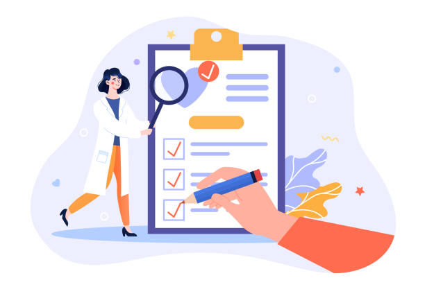 Medical checkup concept Medical checkup concept. Doctor conducts a routine examination for the prevention of various diseases. Consultation with a therapist. Cartoon flat vector illustration isolated on a white background person writing on notepad stock illustrations