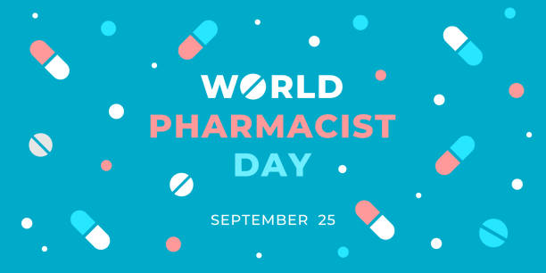 ilustrações de stock, clip art, desenhos animados e ícones de world pharmacist day. vector web banner, poster, card for social media, networks. text world pharmacist day september 25. tablets, pills, capsules on a turquoise background. - vitamin pill capsule equipment data