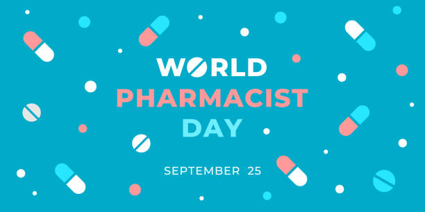 world pharmacist day. vector web banner, poster, card for social media, networks. text world pharmacist day september 25. tablets, pills, capsules on a turquoise background. - pharmacist stock illustrations
