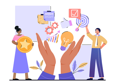 Skills set concept. Level of education and competence of a person to perform a certain job. Large hands with skill icons. Cartoon modern flat vector illustration isolated on a white background