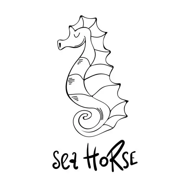 Vector illustration of Vector doodle seahorse. Cute hand drawn childish linear illustration for print, web. Simple dark icon lifebuoy isolated black on white background
