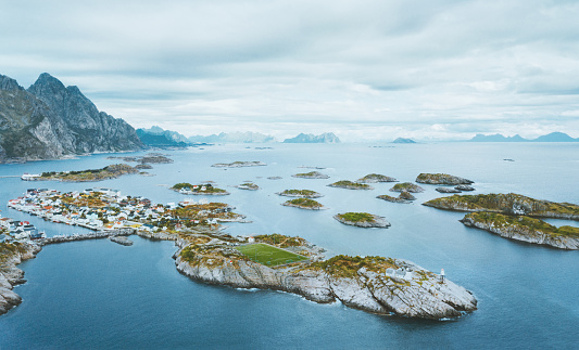 Lofoten islands aerial view Henningsvaer village and sea landscape in Norway famous travel destinations drone view scandinavian landmarks