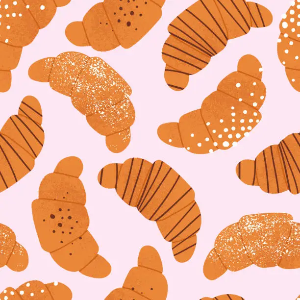 Vector illustration of Croissant seamless pattern. French bakery morning background with cute flat hand drawn buns.