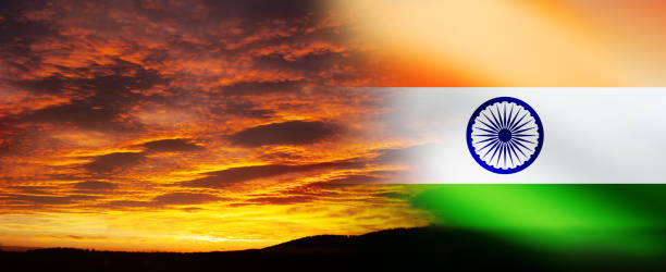 istock The wavy Indian flag on bright sky at sunset or sunrise background 1330267189
