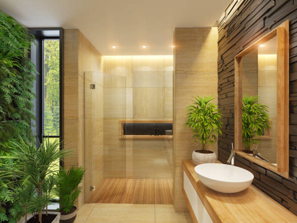 istock Modern minimalist bathroom with green wall garden. 1330267191