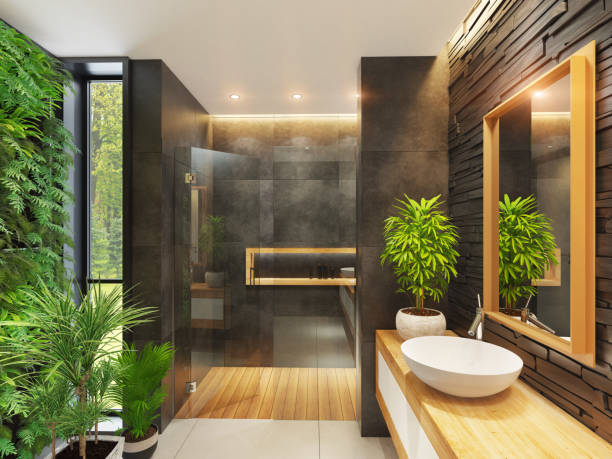 istock Modern minimalist bathroom with green wall garden. 1330267197