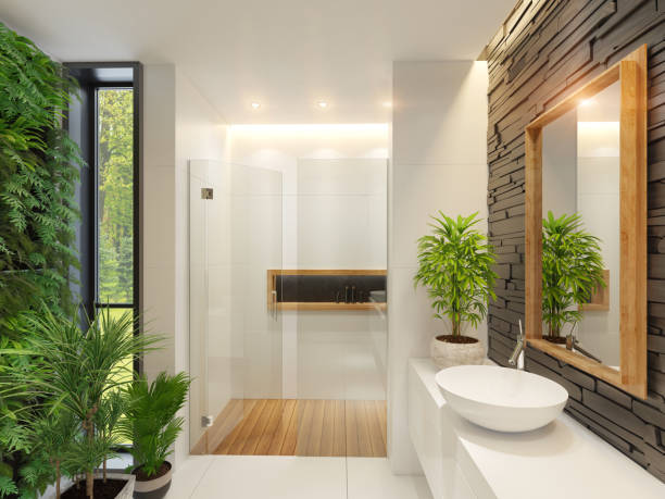 istock Modern minimalist bathroom with green wall garden. 1330267200