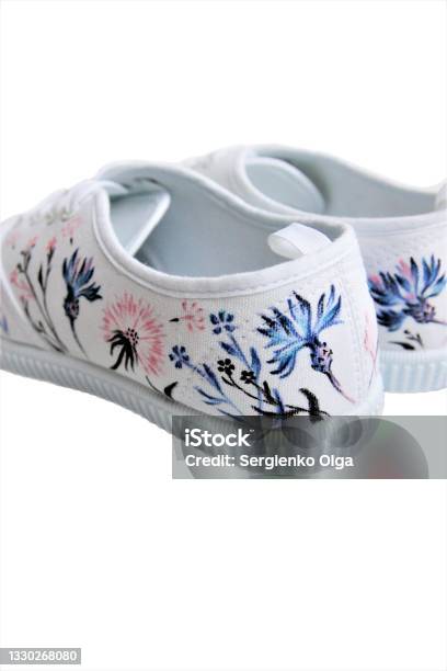 White Sneakers With Handpainted Wild Flowers Rear View Stock Photo - Download Image Now