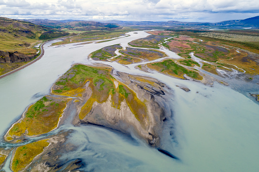 Braided river in Sudurland, Iceland, drone point of view.