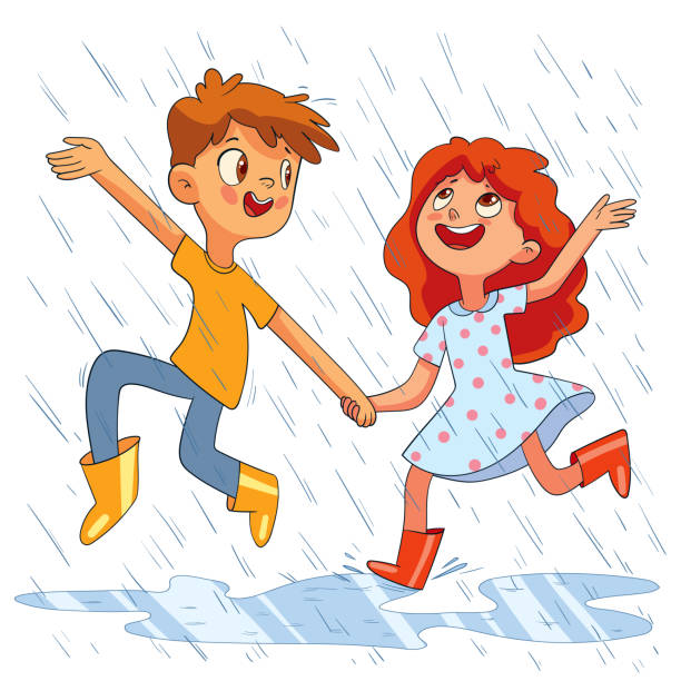 아이들이 비에 뛰어 들고 있습니다. 아이들은 우산없이 비에 걸어 - puddle rain child splashing stock illustrations