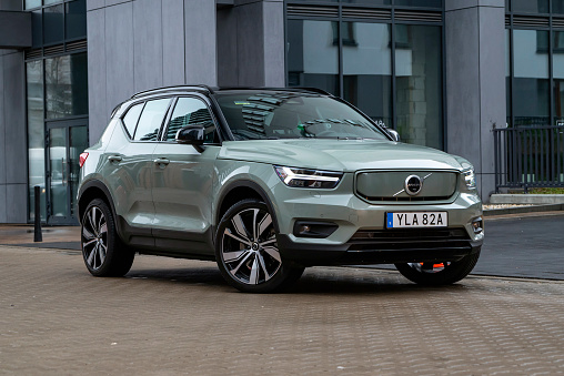 Berlin, Germany - 16th April, 2021: Electric SUV Volvo XC40 Recharge on a street. This model is the first mass-produced electric car from Volvo.