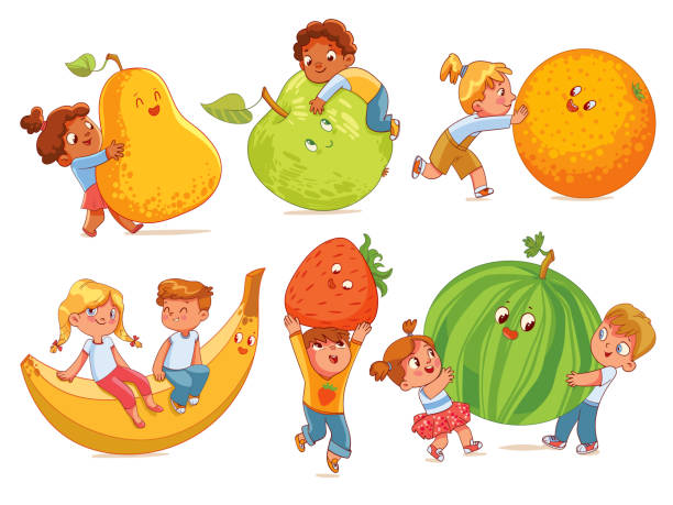 ilustraciones, imágenes clip art, dibujos animados e iconos de stock de niños pequeños con grandes frutas - alimentos y bebidas de dibujos animados