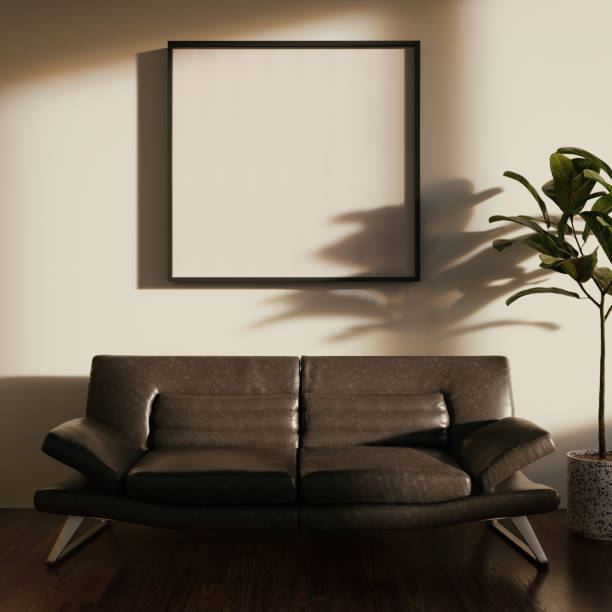 istock Mockup frame in simple retro interior. Strong shadows of the rising sun. 3D render. 1330279726