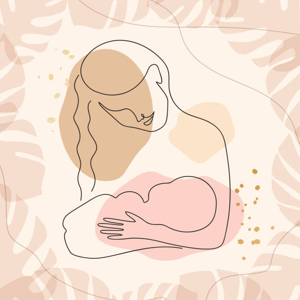 World Breastfeeding Week banner. Young woman and newborn baby. Mother holding child. Line art beige concept. mother stock illustrations