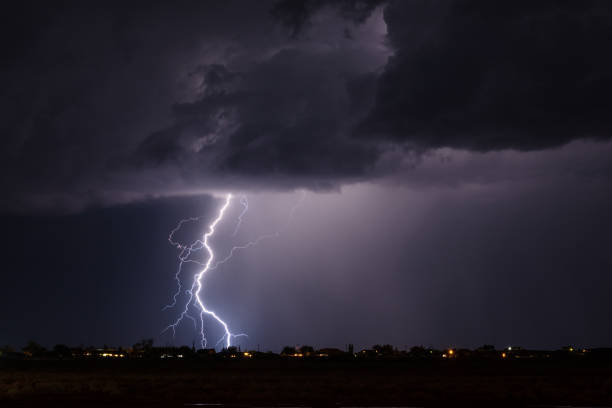 istock Thunderstorm lightning strike over a city 1330286753