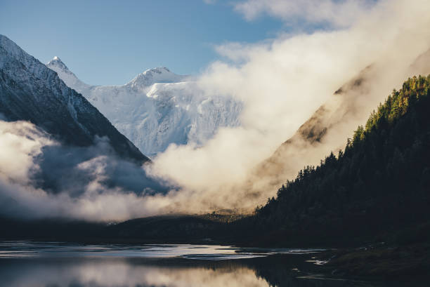 Photo of Wonderful view of snow-capped mountains above thick clouds in gold sunshine. Scenic landscape with alpine lake, silhouette of coniferous forest and high white-snow mountain wall among dense low clouds