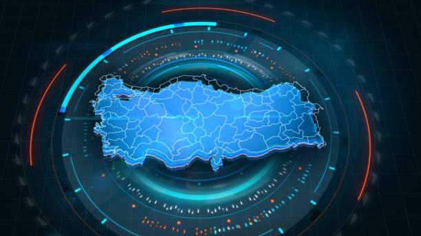 Turkey Map Links 4K with Futuristic HUD Virtual Interface background details Global Connections, Business, Internet, Country, Turkey, Turkey Map city zoom out stock pictures, royalty-free photos & images