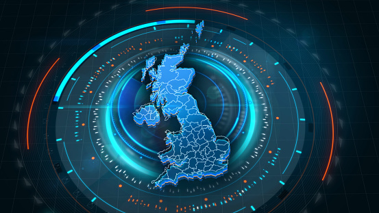 Enlaces de mapas del Reino Unido con detalles de fondo de la interfaz virtual futurista de HUD photo