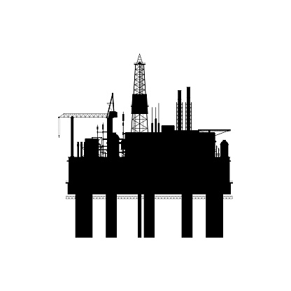 Drilling factory platform rig, ndustrial buildings, chemical factory silhouette isolated icon. Vector technology plant with pipeline refinery, fuel plant gasoline factory. Petrol production pump jack