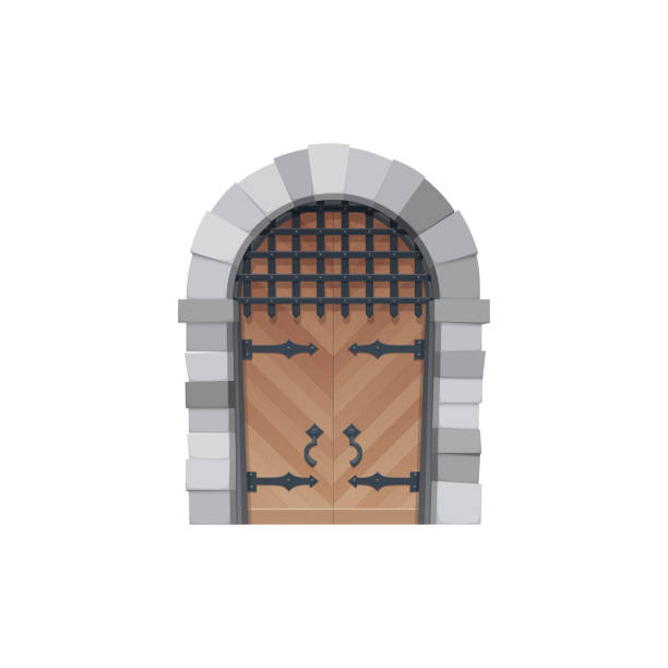cartoon drzwi wektor ikona, średniowieczne drewniane bramy - palace gate stock illustrations