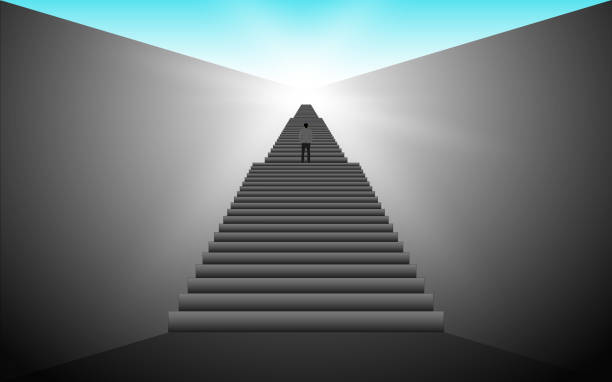 istock Businessman standing on the high staircase for light door. Bright Future in Business Concept. Success business and ambitions concept. 1330294862