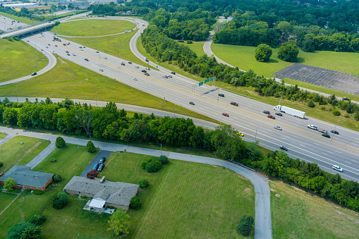 Highway US interstate 70 through the Scioto Woods, Columbus, Ohio USA with aerial view