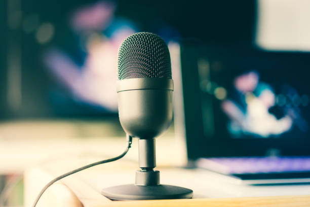 Microphone with laptop live video and working at home concept