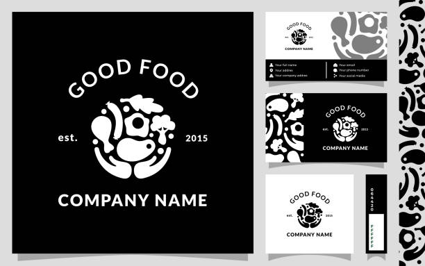 Circle food assortment concept, minimalism logo template with business card and seamless pattern elements Circle food assortment concept, minimalism logo template with business card and seamless pattern elements isolated on white background goodfood stock illustrations