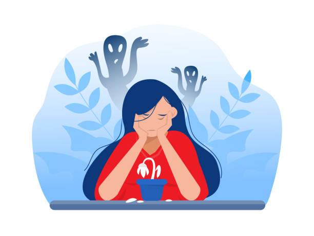 depressive mädchen mit angst und beängstigend fantasien gefühl trauer, ängste, traurigkeit vektor illustration - 2967 stock-grafiken, -clipart, -cartoons und -symbole