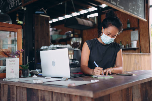 istock Woman working in cafe during pandemic 1330308953