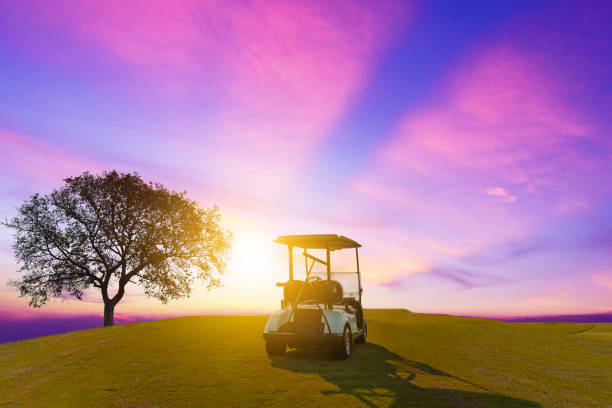 voiturettes de golf parking près du terrain de golf avec golfeurs et caddie sont en compétition, fond de ciel nuageux bleu. - golf cart golf bag horizontal outdoors photos et images de collection