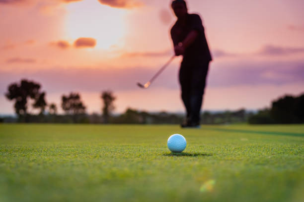 silhouette golfer showing happiness when win in game , white golf ball on green grass of golf course with blur background. - golf golf swing putting cheerful imagens e fotografias de stock
