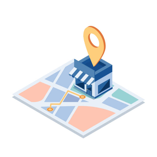 illustrazioni stock, clip art, cartoni animati e icone di tendenza di negozio isometrico sulla mappa con navigazione gps - locator