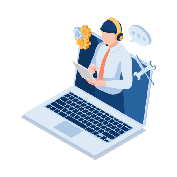 isometrischer männlicher technischer support bediener trägt headset auf laptop-bildschirm - serving stock-grafiken, -clipart, -cartoons und -symbole