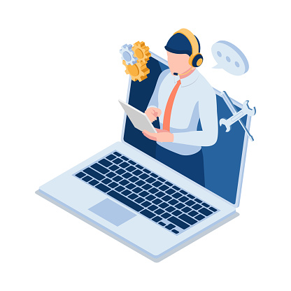 Flat 3d Isometric Male Technical Support Operator Wearting Headset on Laptop Screen. Customer Service and Technical Support Call Center.